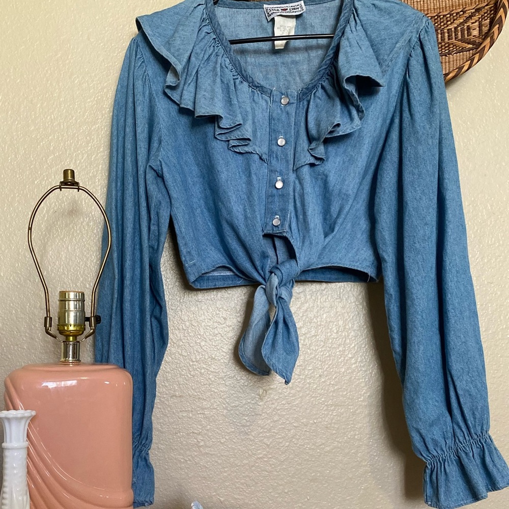 Star Cody Vintage Denim Ruffled Tie Denim Crop Top